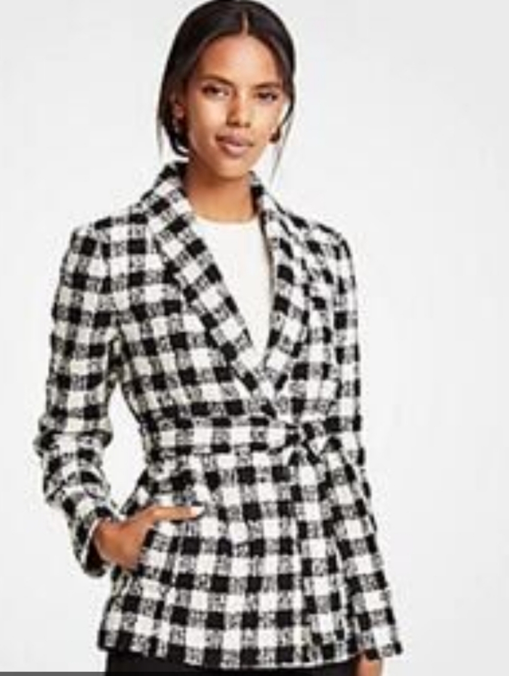 Ann Taylor Black and White Checked Tweed Belted Blazer Jacket Small